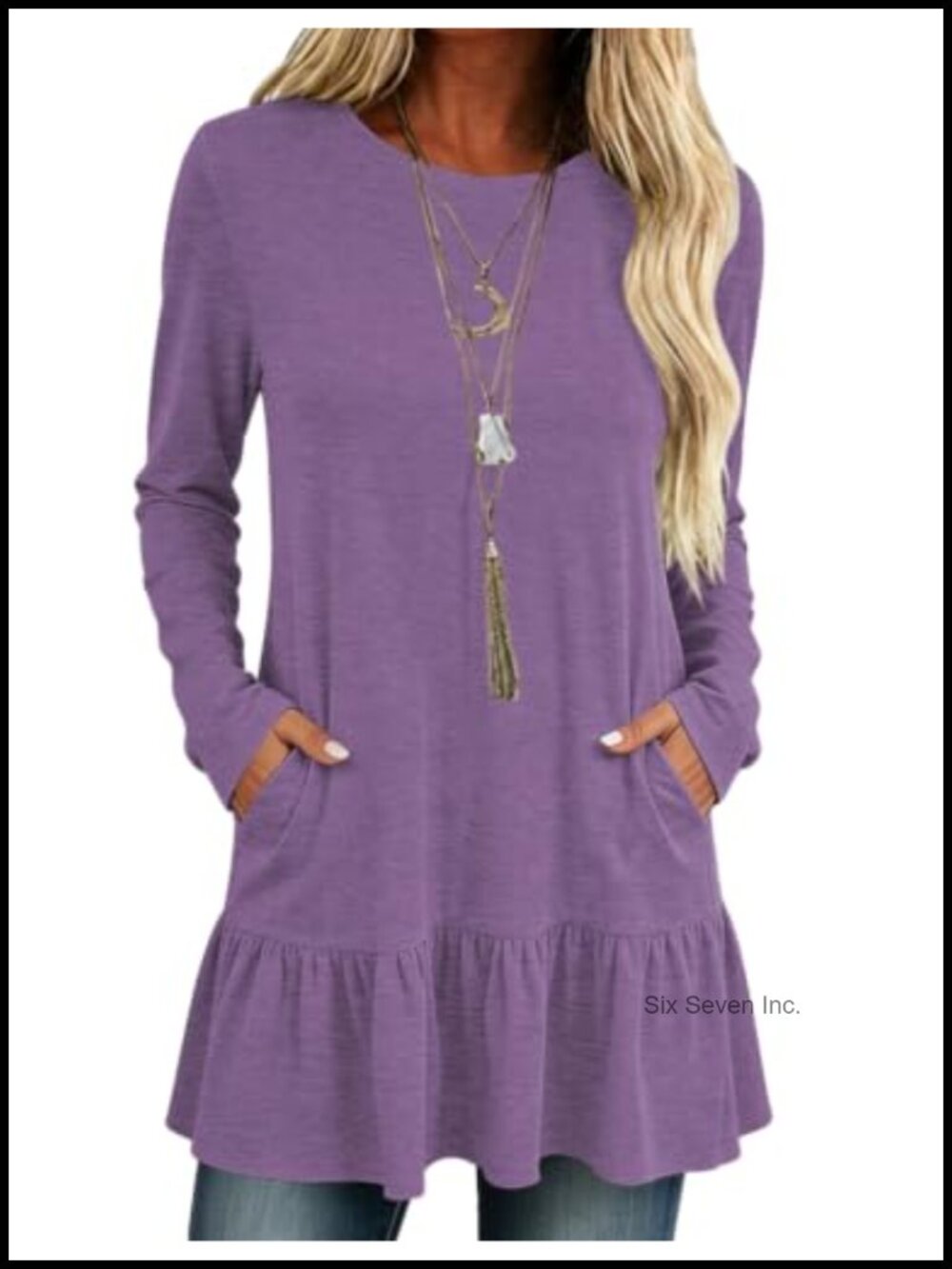Womens Long Sleeve Ruffle Hem Tunic Top Round Neck Pullover Blouse